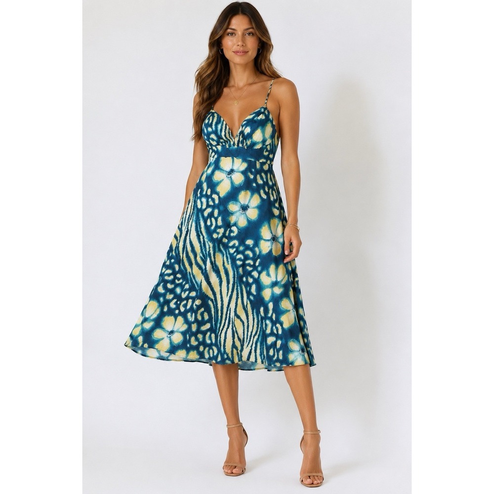 Jams World XL Floral Zebra Animal Print Midi Dress Teal Pockets Boho Resort